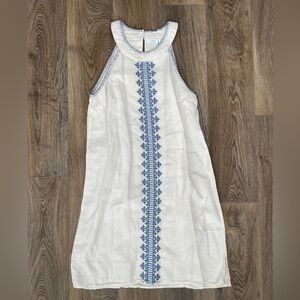 Sigrid Olsen White Blue Embroidered Linen Shift Dress Women’s Medium Coastal